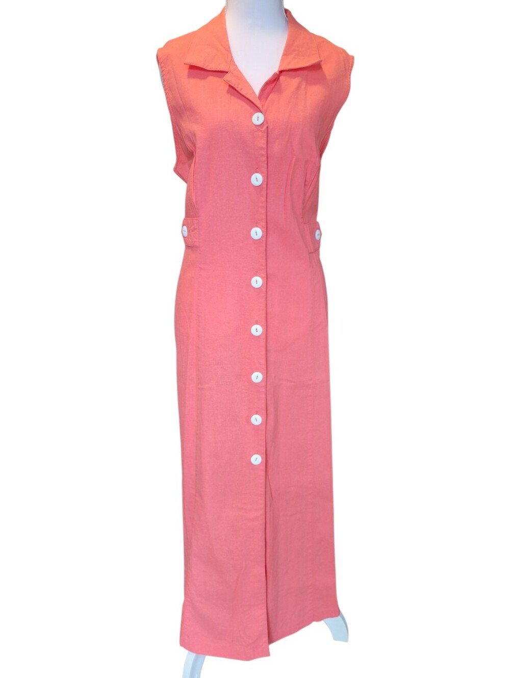 Erika Coral Pink Open Back Button Down Collared Linen Dress